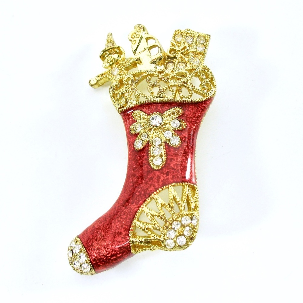 Christmas Brooch, Rhinestone Stocking Pin, Red